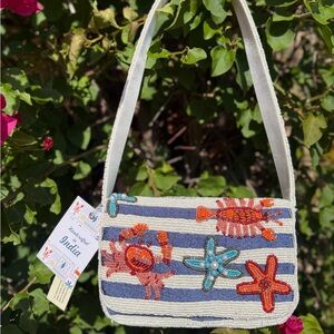 NWT Made in India Mermaid Starfish Lobster Nautical Striped Shoulder Beaded Bag